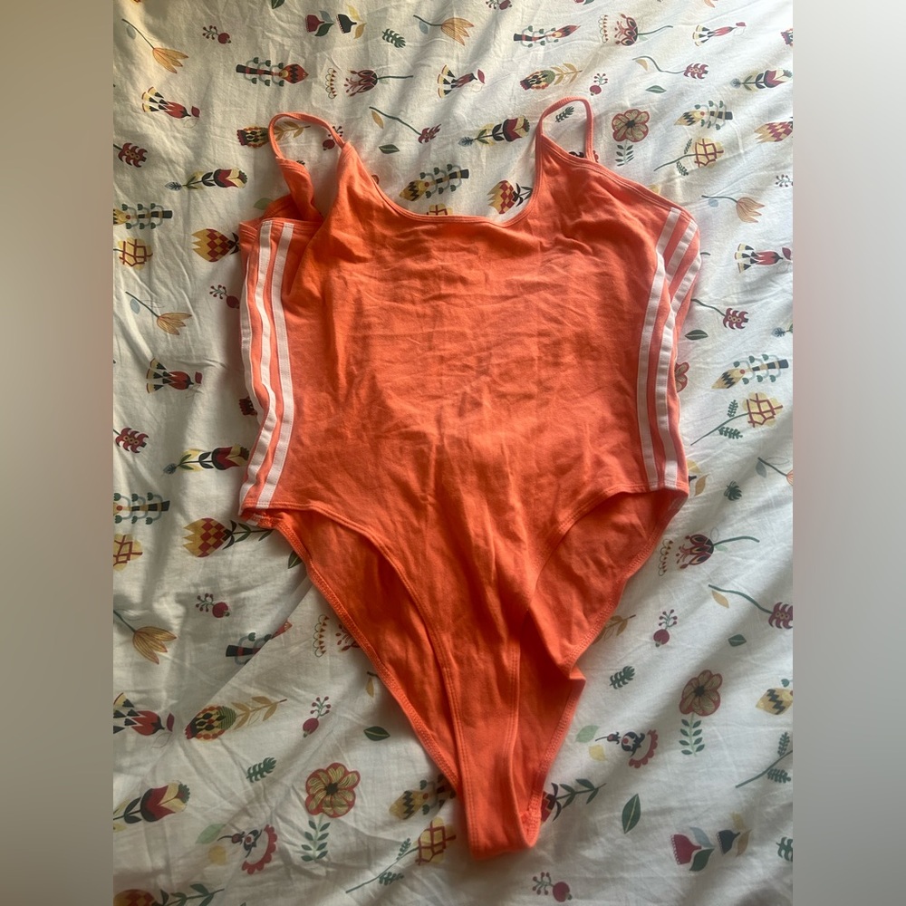 Adidas trefoil three stripe bodysuit orange melon color